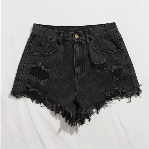 Pants - Distressed raw hem ripped denim jean shorts black minimalist